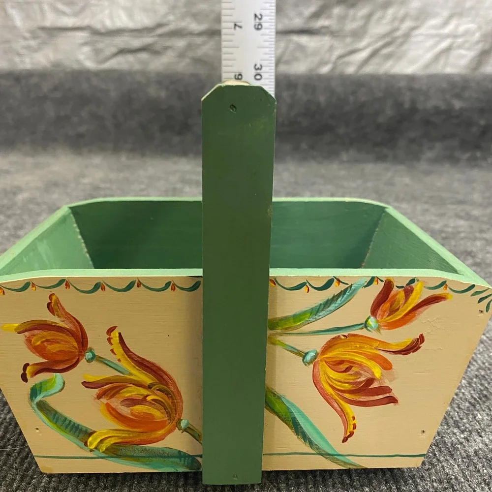Bonnie Stout Hand Painted Wood Basket Floral Tulip Dragonfly Green Folk Art